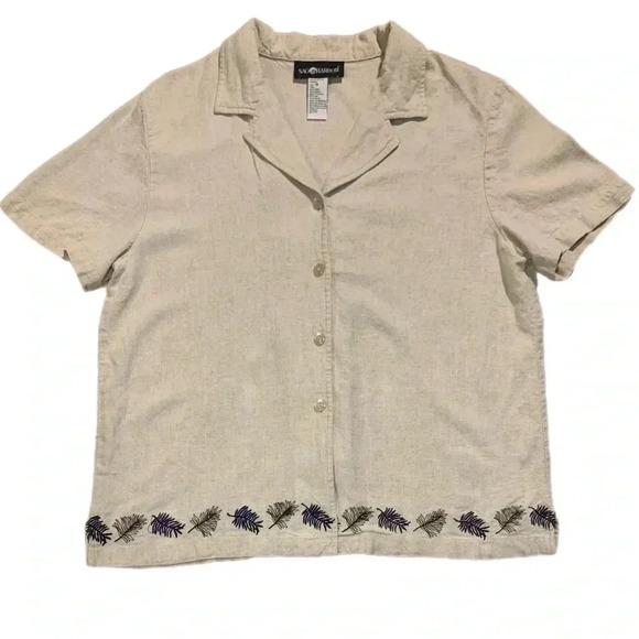 Vintage Sag Harbor Linen Button Down Shirt with Embroidered Leaf- Size 18 - Picture 1 of 7